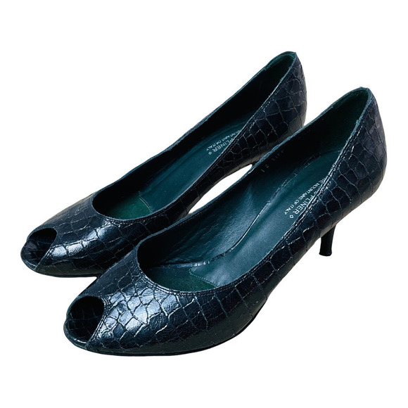 Donald J Pliner Sz 9.5 Black Leather Crocodile Skin Pattern Peep Toe Heels - Picture 1 of 10